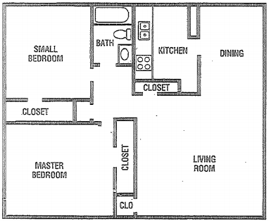 Floor plan for 2 beds, 1 bath, 801 sqft